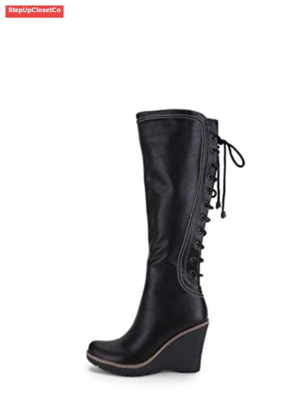 Faux Leather Knee-High Lace-Up Wedge Boots Stitching Almond Toe